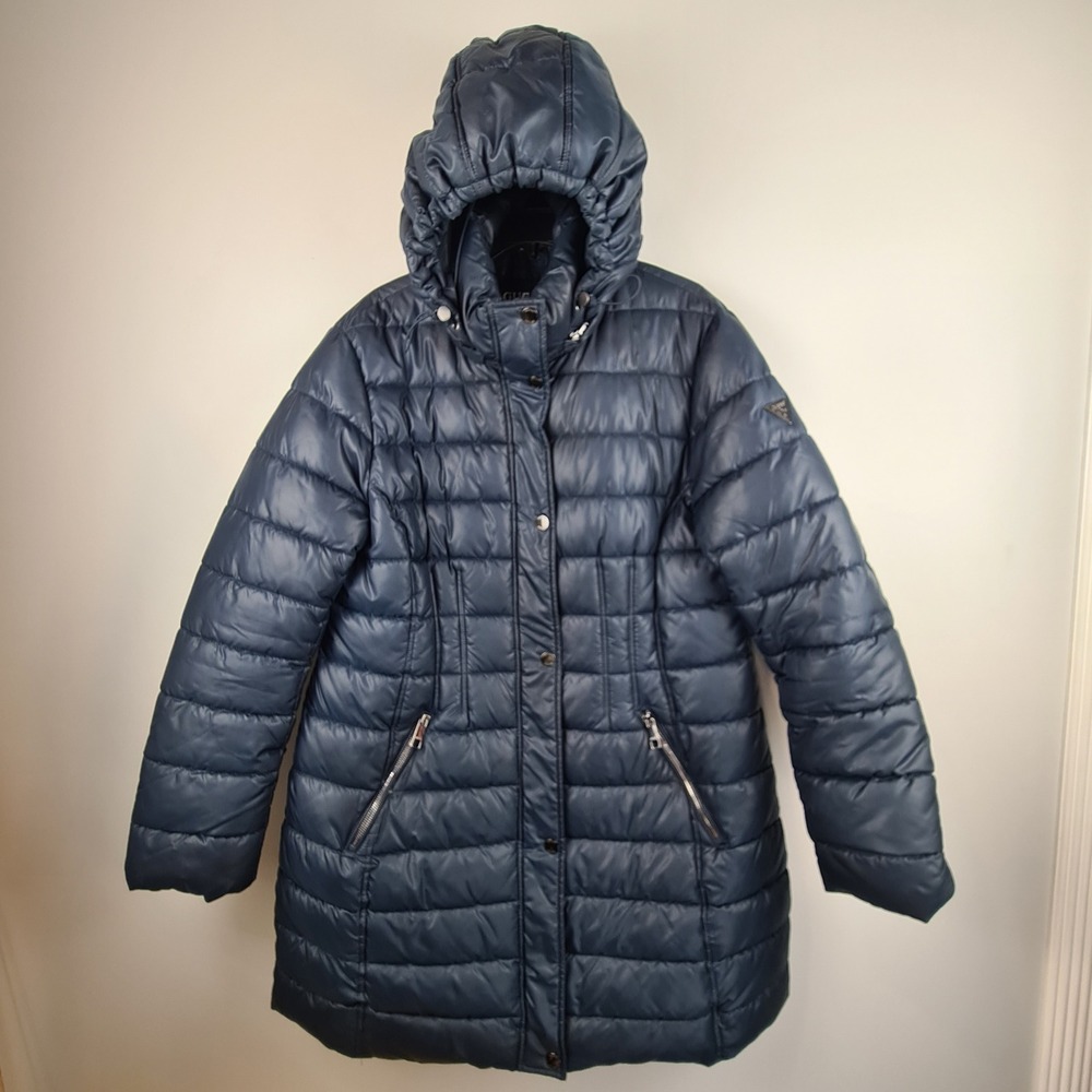 GUESS Womens Navy Blue Quilted Puffer Parka Hooded Winter Jacket XL Streetwear